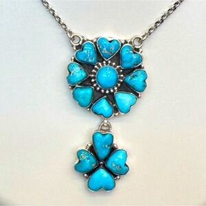 NBB12  Handmade BLUE BIRD TURQUOISE Heart Flower Cluster & Clover Necklace S925